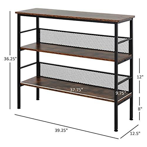 Black three tier industrial metal and wood console table, view 4