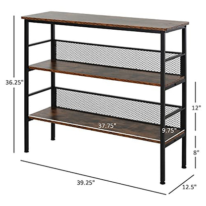 Black three tier industrial metal and wood console table, view 4