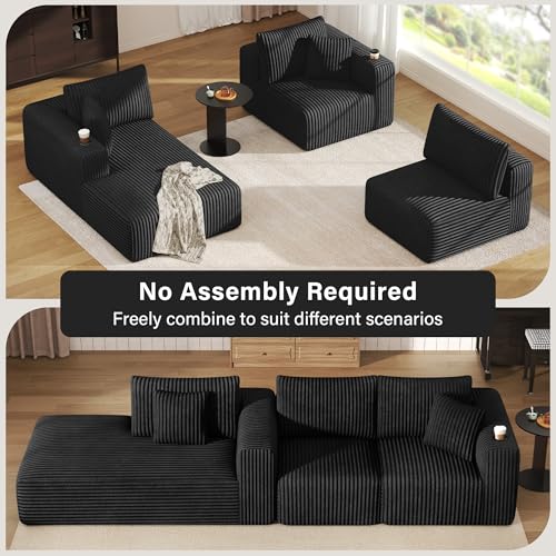 Modular Sectional Sofa, 108" Cloud Boneless Couch with Deep Seat, Cup Holder, Memory Foam, Corduroy L Shaped Couch Convertible Sofa Bed for Living Room Bedroom, No Assembly Required