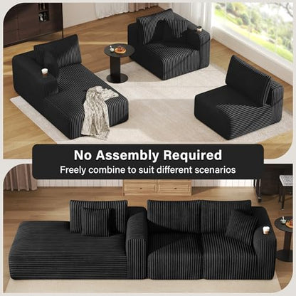 Modular Sectional Sofa, 108" Cloud Boneless Couch with Deep Seat, Cup Holder, Memory Foam, Corduroy L Shaped Couch Convertible Sofa Bed for Living Room Bedroom, No Assembly Required