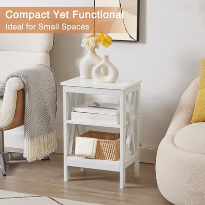 End Table Set of 2, Bedside Table, 24" Tall Living Room End Tables, X-Design Reinforced Nightstands, Side Table with 3-Tier Storage Shelves for Small Spaces, Office, Bathroom, Bedroom, White