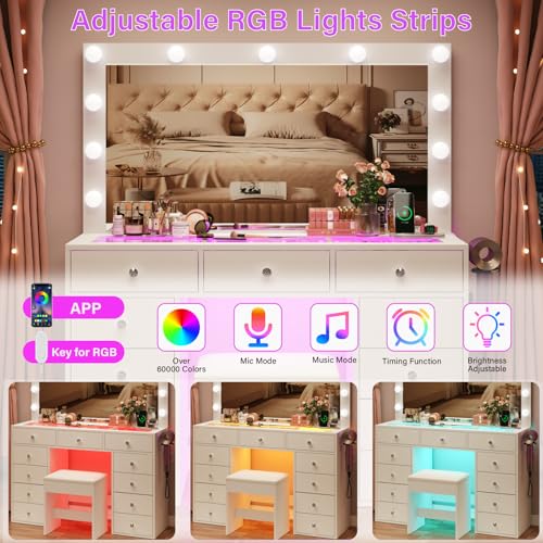 45" Large White Vanity Desk with Vibrant RGB Lighting., view 5
