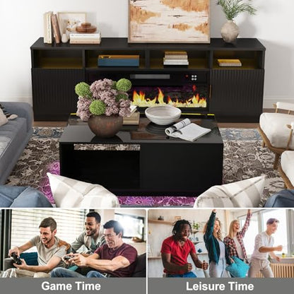 43.3IN LED Black Coffee Tables for Living Room with 16 Colors LED Lights Modern Coffee Table with Storage Drawer Rectangle Center Table for Home Furniture