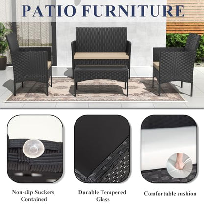 Outdoor Patio Furniture Set, 4 Pieces Patio Conversation Set Wicker Chairs with Glass Table and Soft Cushion for Porch,Backyard, Poolside (Sand)