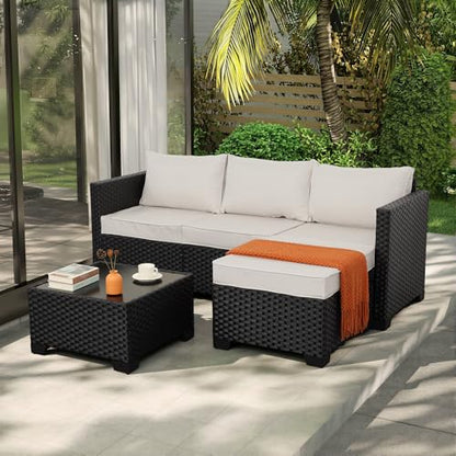 Outdoor Furniture Set 3 Pieces Wicker Patio Furniture Outdoor Sectional Patio Couch Outdoor Coffee Table All-Weather Non-Slip Cushions Waterproof Covers, Khaki