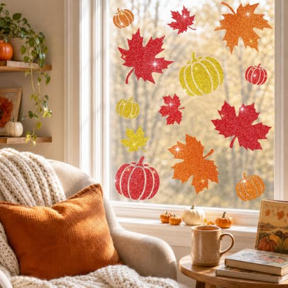 Glitter Fall Window Clings Autumn Thanksgiving Window Stickers Decals Decor, view 8