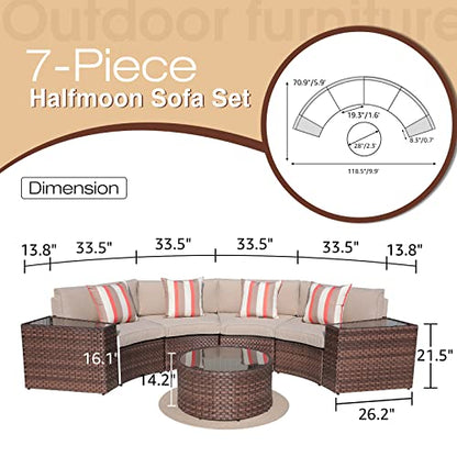 Outdoor 7-Piece Half-Moon Sectional Furniture Set with Round Coffee Table, Patio Curved Sofa Set, Beige Cushion and Brown Wicker, Incl. Waterproof Cover