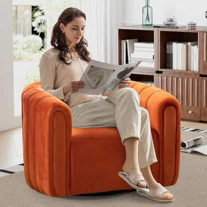 Swivel Barrel Chair,Velvet Accent Chairs for Living Room,Modern Channel Comfy Armchair,Completely Assembled(Orange)