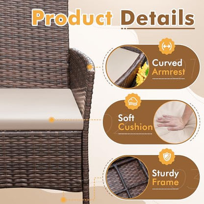 Patio Furniture Set 3 Pieces All-Weather Rattan Outdoor Furniture Patio Chairs with Tempered Glass Table for Porch Bistro Balcony (Brown/Cream)