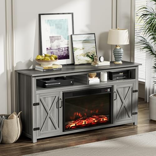 Farmhouse Fireplace TV Stand for TVs up to 65+ Inch, Gray Wash, view 4