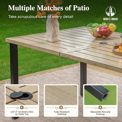 7pc Patio Dining Set, Wood-Like Metal Table, 6 Brown Chairs | 60" rectangular table with umbrella hole. Waterproof, rust-resistant, all-weather for backyard, porch