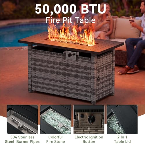 13 PCS Patio Furniture Set with 44'' Fire Pit Table, Outdoor Sectional All-Weather Wicker Conversation Set with Swivel Rocker Chairs, 4'' Thick Cushions for Backyard Poolside(Navy/Grey)