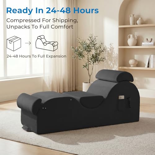 Velvet Yoga Chaise Lounge Chair Indoor with Side Pockets, Headrest, view 6
