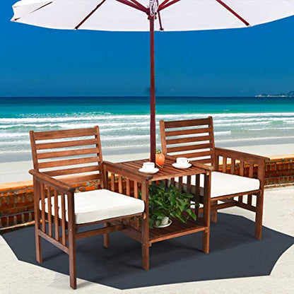 Acacia Wood Loveseat, 3pcs Outdoor Table Chairs Set, Patio Conversation Set w/Coffee Table and Soft Cushions, 2.1-inch Umbrella Hole, 2-Seater Furniture Set (White)
