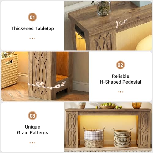 63" Console Table with Outlet, Farmhouse Entryway Table with Colorful LED Lights, Wooden Sofa Table with Unique Carved Design, Foyer Accent Table for Entrance, Hallway, Living Room Natural