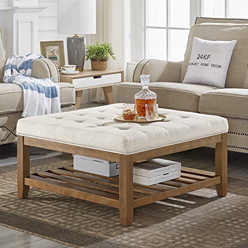 Large Square Upholstered Tufted Linen Ottoman Coffee Table, Large Footrest Ottoman with Solid Wood Shelf-Ivory
