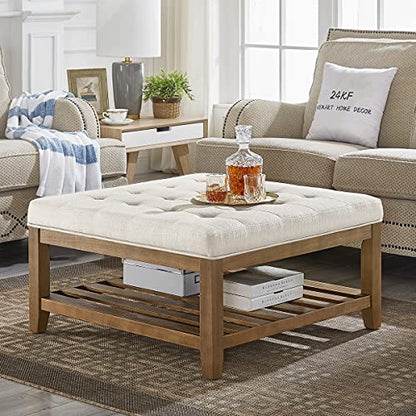 Large Square Upholstered Tufted Linen Ottoman Coffee Table, Large Footrest Ottoman with Solid Wood Shelf-Ivory