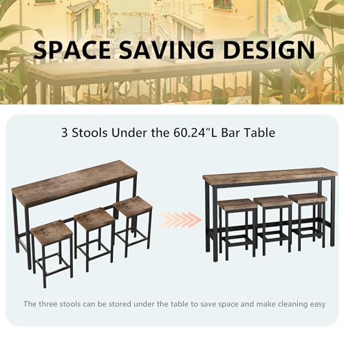 Modern Design 4-Piece Counter Height Extra Long Dining Table Set with 3 Stools and Side Table with Footrest,Space-Saving Pub Kitchen Set,Easy Assembly,Natural
