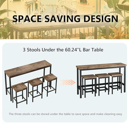 Modern Design 4-Piece Counter Height Extra Long Dining Table Set with 3 Stools and Side Table with Footrest,Space-Saving Pub Kitchen Set,Easy Assembly,Natural