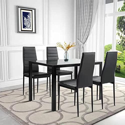 5-Piece Kitchen Dining Table Set Tempered Glass Tabletop, 4 Faux Leather Chairs - Black