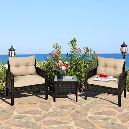 3 Pieces Patio Furniture Set, Outdoor Rattan Wicker Conversation Set with Coffee Table & Cushions, Patio Sofa Set for Garden Balcony Backyard Poolside