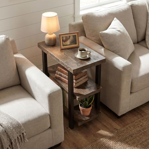 Pomona Solid Wood 3-Tier End Table, Rustic Brown, 20” | Small Side Table or Nightstand with Storage Shelf and Metal Legs, Rustic Farmhouse Chair Side Table for Living Room & Bedroom