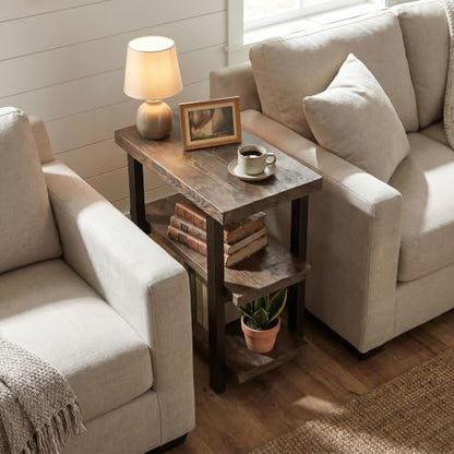 Pomona Solid Wood 3-Tier End Table, Rustic Brown, 20” | Small Side Table or Nightstand with Storage Shelf and Metal Legs, Rustic Farmhouse Chair Side Table for Living Room & Bedroom