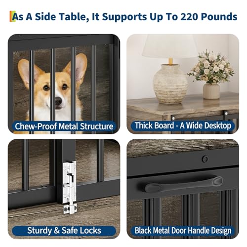 Dog Crate Furniture with Barn Door, Heavy Duty Kennel End Table, Gray Black, view 6