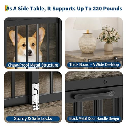 Dog Crate Furniture with Barn Door, Heavy Duty Kennel End Table, Gray Black, view 6