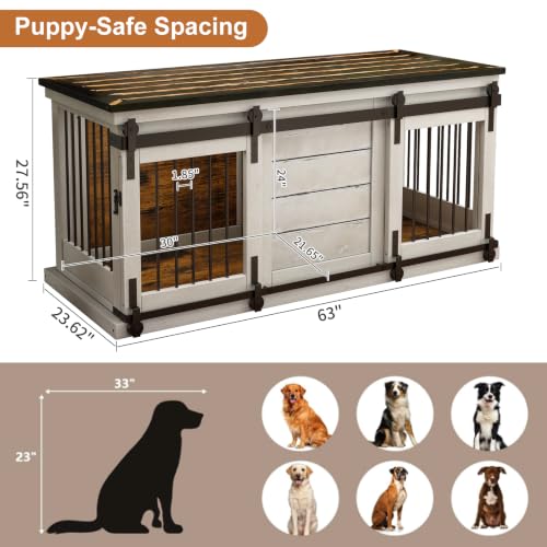 62" Farmhouse Dog Crate Furniture for 2 Large Dogs, Antique White, view 3