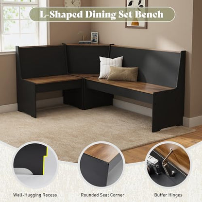 Corner Dining Table Set with Storage, 3-Piece L-Shaped Breakfast Nook Featuring Hidden Bench Storage, Compact Kitchen Dining Set for Small Spaces, Black & Oak