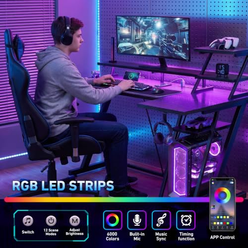 40 Inch Gaming Desk with LED & Power Outlet, Carbon Fiber Black, view 6