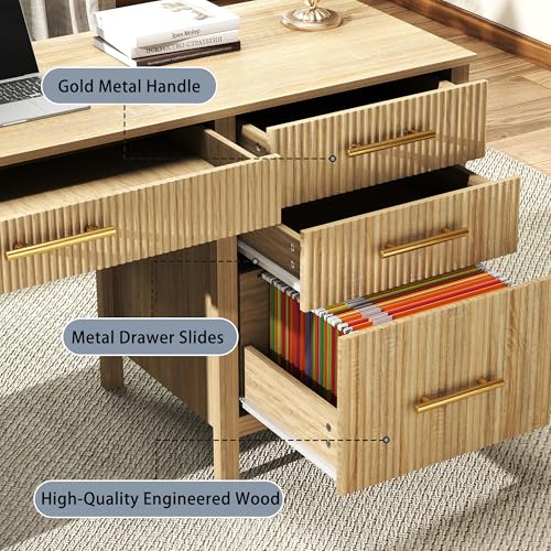 Fluted Executive Desk with Drawers: 60" Oak Home Office Desks with File Drawers, Modern Computer Desk with Gold Handles, Writing Table for Study, Living Room (Oak, 60")