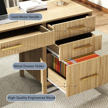 Fluted Executive Desk with Drawers: 60" Oak Home Office Desks with File Drawers, Modern Computer Desk with Gold Handles, Writing Table for Study, Living Room (Oak, 60")