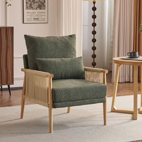 Boho Braid Accent Armchair,Mid-Century Modern Chiar with Solid Wooden Armrest,Comfy Louge Cushion Chair with Waist Pillow for Bedroom,Living Room,Reading Room, Dark Green