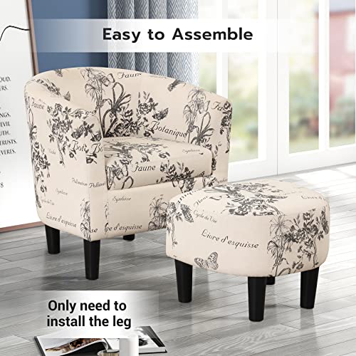 Modern Accent Chair with Ottoman for Small Space, Club Chair with Ottoman Set, Comfy Fabric Barrel Reading Chairs for Living Room Bedroom, Round Reading Chair with Foot Rest, Flower Pattern