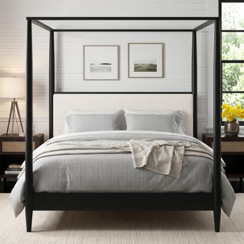 King Size Solid Wood Canopy Bed Frame with Upholstered Headboard, view 2