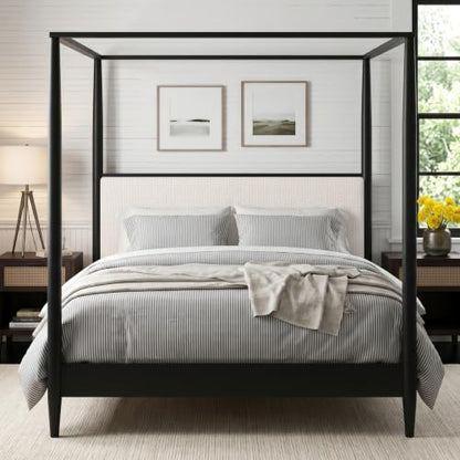 King Size Solid Wood Canopy Bed Frame with Upholstered Headboard, view 2