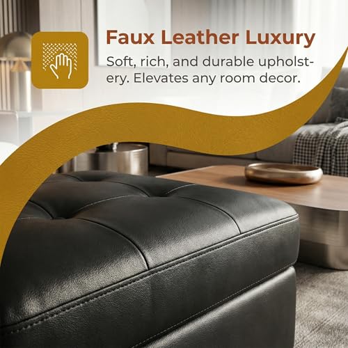 Large Faux Leather Ottoman Foot Rest Stool with Storage,33 in x 22 in x 17 in Stylish Storage Bench for Living Room and Bedroom Accent Piece (Black-Leather)