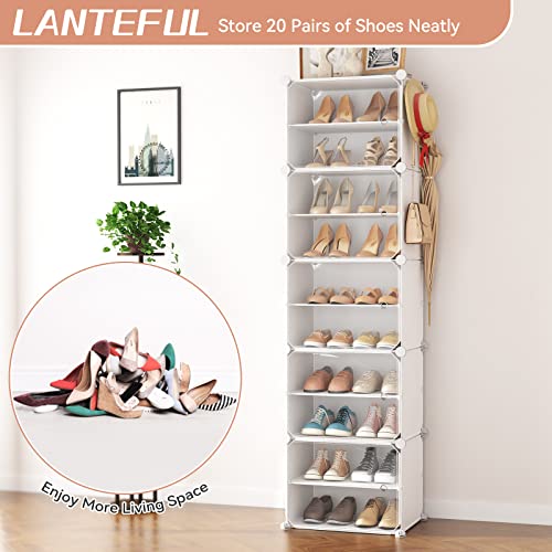 10 Tier Shoe Storage Cabinet with Door, Portable Narrow Organizer Rack for 20 Pairs, White Plastic with Hooks for Entryway or Bedroom