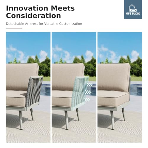 6 Pieces Metal Patio Furniture Sets with Detachable Rope Rattan Armrest, 5 Seats Steel Outdoor Conversation Set All Weather Patio Sectional Couch with Coffee Table for Garden, Beige Cushion