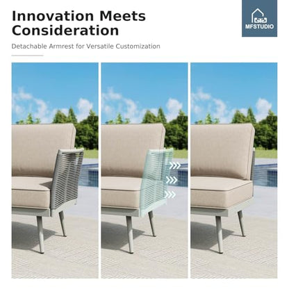 6 Pieces Metal Patio Furniture Sets with Detachable Rope Rattan Armrest, 5 Seats Steel Outdoor Conversation Set All Weather Patio Sectional Couch with Coffee Table for Garden, Beige Cushion