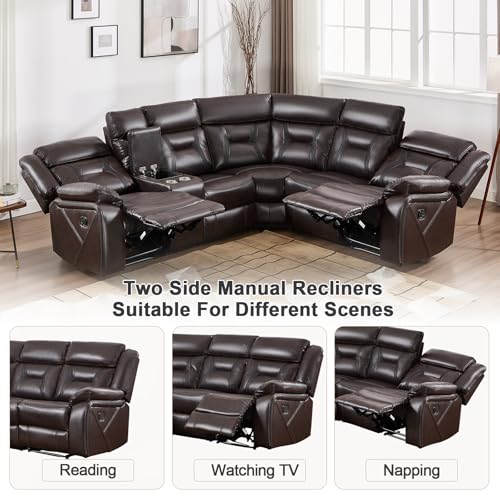 Faux Leather Reclining Sectional Couch for Living Room, L-Shaped Sectional Corner Manual Recliner Sofa Home Furniture Set with Center Console, Cup Holders and Storage, Dark Brown