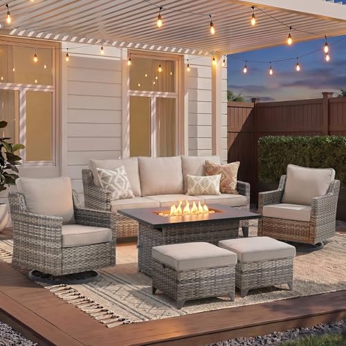 Patio Furniture Set with 42.5" Fire Pit Table-6 Pieces All Weather Wicker Outdoor Furniture with High Back Swivel Patio Chairs Set of 2 Outdoor Couch for Deck Backyard Beige/Gray
