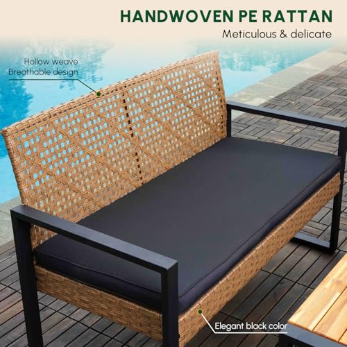 Wicker Patio Furniture Outdoor Conversation Set of 4, Rattan Outdoor Furniture Set, Acacia Wood Table, 2 Chairs, 1 Loveseat, 2” Cushions, All Weather Set for Patio, Porch, Balcony (Brown)