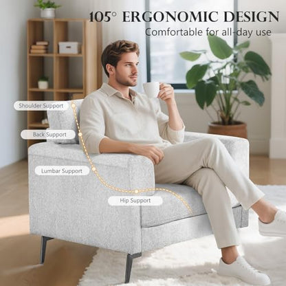 Accent Chair, Linen Fabric Oversized Mid Century Modern Chair Set of 1, Comfy Upholstered Armchair Reading Accent Chairs Sofa Chairs for Bedroom Living Room, Light Gray