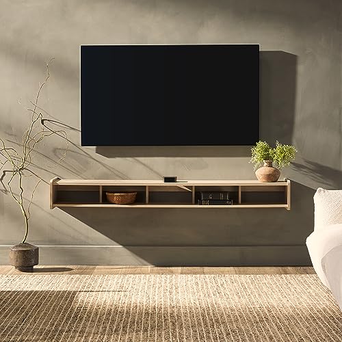 Zee Modern Floating Mounted Minimalist TV Stand, 65 Inch Length, for TVs up to 70 Inches, Coastal Oak