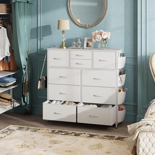 10 Drawer White Fabric Dresser for Bedroom, Side Pockets Chest, view 5