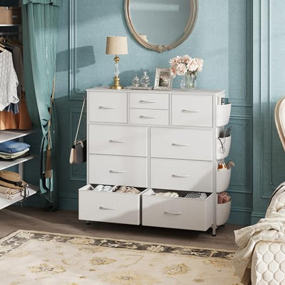 10 Drawer White Fabric Dresser for Bedroom, Side Pockets Chest, view 5