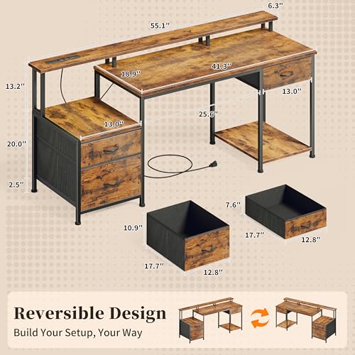 55" Computer Desk with File Drawer, Printer Space, Rustic Brown, view 4